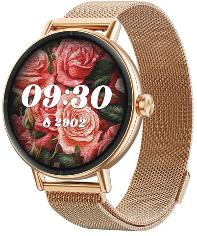 Smartwatch Damen Rund Metallarmband 1.27 Smart Watch mit Telefonfunktion Fitnessuhr mit SpO2 Herzfrequenz Stress Kalorien Schlaf Schrittzähler 100+ Sportmodi IP68 Wasserdicht Sportuhr für iOS Android