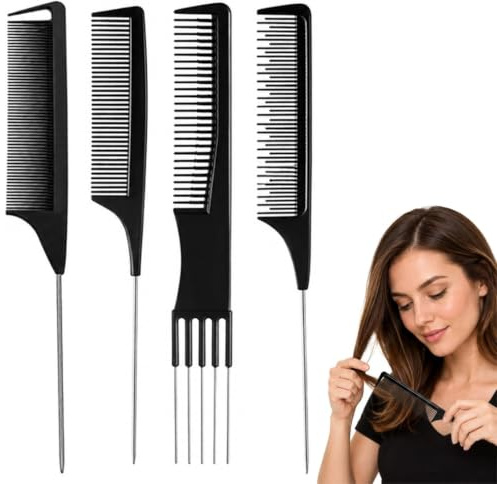 4 Stück Strähnenkamm, Präzisions Strähnenkamm mit Stahlspitze, Professioneller Frisierkamm zum Auskämmen und Frisieren, Für Glatte Strähnen und Hochsteckfrisuren, Ideal für Friseure und Heimgebrauch