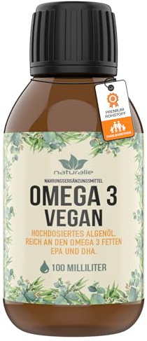 naturalie® - Omega 3 vegan | hochdosiertes Algenöl | 600 mg DHA und 300 mg EPA pro Dosis | schadstoffgepüfte Qualität | schonend gewonnen | 100 ml