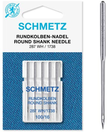 SCHMETZ | 5 Nähmaschinennadeln | Rundkolben | 287 WH/1738 | Nadeldicke 100/16 | Hinweis: Überprüfen Sie das empfohlene Nadelsystem in der Bedienungsanleitung