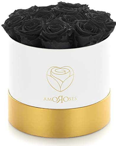 Amoroses LIMITIERTE AUFLAGE - Geschenkbox 12 ewige stabilisierte Rosen - Eleganter Strauß echter Blumen (Weiße Schachtel mit schwarzen Rosen)