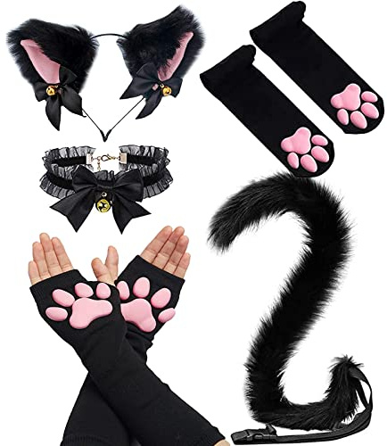 SIROLISA Muffole in silicone 3D con orecchie di gatto, simpatici zampe di gatto, dita dei piedi, fagioli, calze alte per donne, ragazze, Halloween, Natale, Set da 5 pezzi di colore nero, Taglia unica