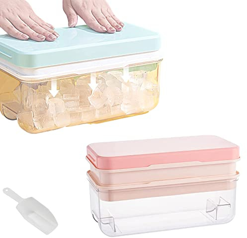 Ninyoon 1 Deuxième Démoulage – Bac à glaçons avec couvercle et bac, moules à glace à 2 niveaux pour 64 glaçons bac de grande capacité avec pelle à glace (Rose)