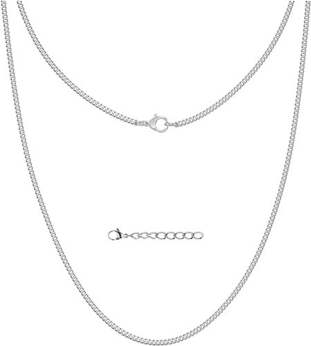 Silvadore Silver Chain Men Necklace (2mm, 22in) - Thin Real 925 Silver Plated Stainless Steel Cuban Link Curb Mens Chain - Solid Non-Tarnish Waterproof Jewellery Gift - (Velvet Pouch)