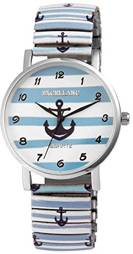 Excellanc Damen-Uhr Edelstahl Zugband Maritim Anker Print Analog Quarz 1700069