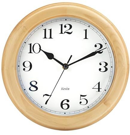 Kesin Wooden Analog Wall Clock, 11 inches Round Wall Clocks Battery Operated Silent Non-Ticking, Large Roman Numerals, Traditional Design for Kitchen Living Room Classroom Gym, Natural Grain