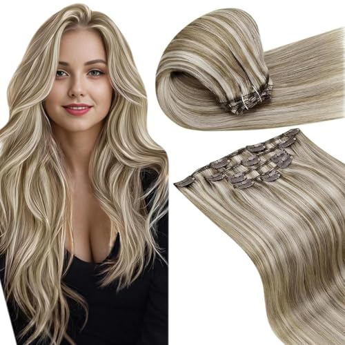 LaaVoo Clip in Extensions Echthaar Bonde Haarverlängerung Echthaar Clip in Extensions Hellbraun Highlight Platinblond Echthaar Extensions Clip in Doppelt Tressen 30cm 80g 5pcs