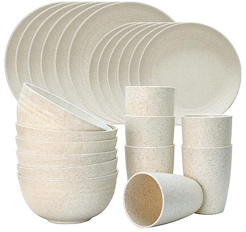 Dhnvcud Juego de 24 platos de camping, 6 platos de camping, vajilla de plástico irrompible, vajilla de plástico, juego de vajilla para personas, 6 platos para caravanas, juego para 6 personas (beige)