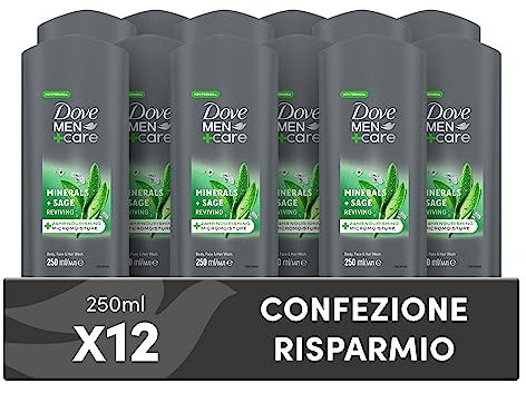 Dove, Dove Men+Care Mineral & Sage, 3-in-1-Duschgel für Herren, feuchtigkeitsspendend für Körper, Gesicht und Haare, mit MicroMoisture-Technologie, spendet 24 Stunden Feuchtigkeit, 12 Stück à 250 ml