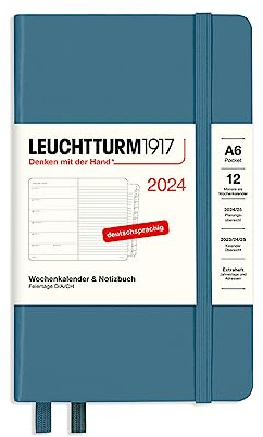 LEUCHTTURM1917 367744 veckokalender och anteckningsbok ficka (A6) 2024, med extra häfte för adresser och årsdagar, Stone Blue, tysk, 12 månader