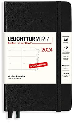 LEUCHTTURM1917 367637 Wochenkalender Pocket (A6) 2024, mit Extraheft für Adressen und Jahrestage, Schwarz, Deutsch, 12 Monate