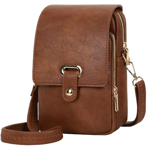 Leathario Handytasche mit Geldbörse zum Umhängen Damen，Handytasche aus Veganem Lede mit Kartenfächer zum Umhängen, Kleine Umhängetasche Handtasche für Designer ，Braun