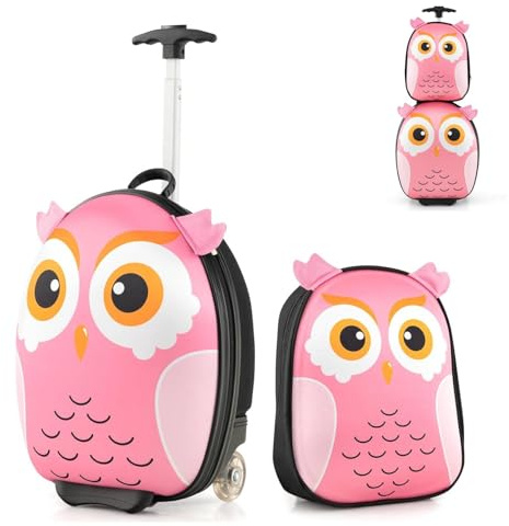 Maxmass 2PCS Kids Luggage Set, Hand Shell Children Trolley Suitcase with 3-Level Telescoping Handle & Backpack, Carry-on Case for Travel School Boys Girls (16’’ +12’’, Pink Owl)