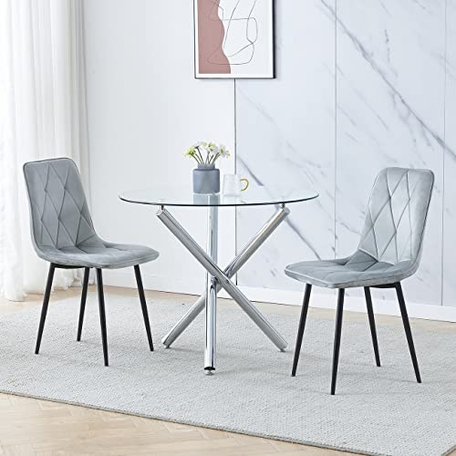 Homullel Round Dining Table and Chairs Set 2 Seater Kitchen Dining Set, 3 Pieces Table & Chairs Dinner Table Set for 2 (90cm Glass Table with 2 Chairs, Velvet Diamond Grey)