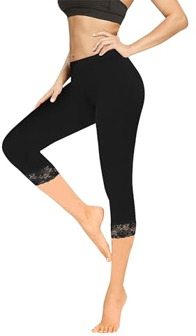 Geyuwoz Leggings Femme 3/4 Taille Haute Capri Leggins Opaque Capri Pantalon d'été Coton Leggings avec Dentelle Pantalon de Sport Leggins 7/8 pour Femme Yoga Gym Noir BL M