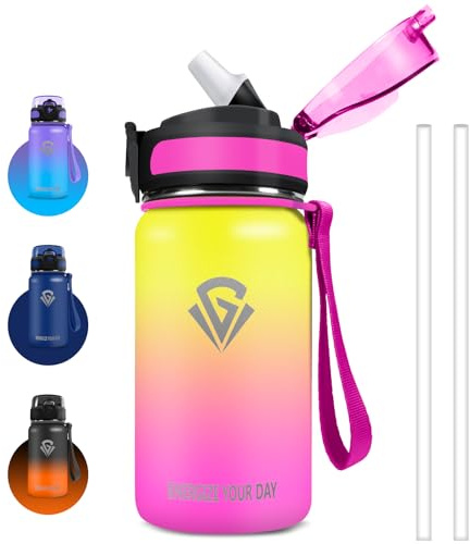 Grsta Gourde Isotherme, 500ml Gourde Enfant avec Paille, Metal Froid&Chaud, Facile à Ouvrir, Verrouillage Sécurisé, Anti Fuite pour École, Bureau, Outdoor