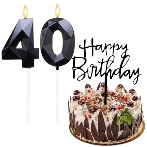 Bolosa 40. Geburtstag Kerze für Mann und Frau - Happy Birthday Steckkarte, Zahlenkerzen für Party (Schwarz)