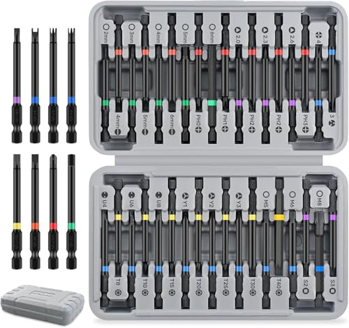 Hi-Spec 75mm Security Screwdriver Bit Set with Hex Shank & Handle | Faster screwdriving, less hand strain, compact case storage, 36pc included, LED assisted work, assembly and repairs