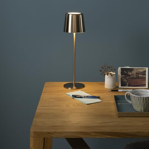 Lightbox LED Tischlampe für Innen & Außen | 37 cm / 23 cm Höhe, Ø 10 cm | messing/goldfarbene Outdoor Tischleuchte mit CCT (3000-6500K) | 300lm | mobil/kabellos/portable | per USB aufladbar/Akku