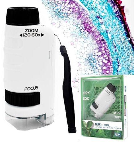 WYFCR 60 to 120 times focal length Mini Pocket Microscope for Adults, Lighted Pocket Microscope for Kids,Portable Handheld, Student Science Lab, for Kids Science Lab (White)