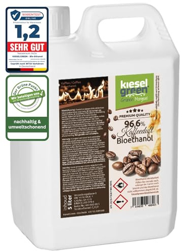 KieselGreen Bioethanol 5 Liter mit Duft für Ethanol-Kamin, viele Sorten - Bio Ethanol als Raumduft in vielen Duftnoten - Parfüm für Bio Ethanol Kamin Indoor oder Bioethanol (Kaffeeduft, 5L)