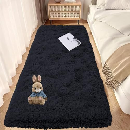 GOUTUI Shaggy Flauschiger Teppich 90 x 200 cm Anti-Rutsch Unterseite Zottige Teppiche Weich & Schmutzabweisend Für Stühle Sofa Schlafzimmer Kinderzimmer, Schwarz