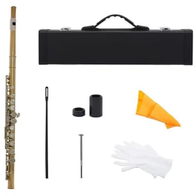 Querflöte 16-Loch-C-Tasten-Flöte, Konzert-Weiß-Kupfer-Rot-Querflöte, Holzblasinstrument mit Boxtuch(Gold and silver)