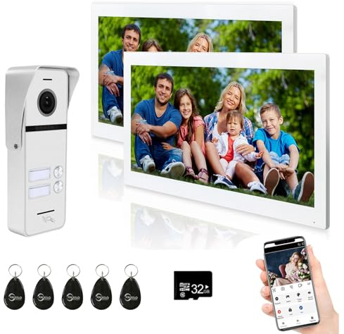 Cableado Apartamento Video Portero Sistema 2 Unidades 10 Pulgadas Monitor Táctil Inalámbrico WiFi Video Timbre Sistema,Video Portero Kit,3 en 1 Desbloquear (1 Timbre Blanco+2 Pantalla Blanco)