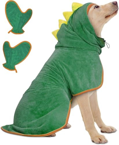 JOLOVE Dog Drying Coat Super Absorbent Dog Towels for Drying Dogs for After Bath Soft Dog Drying Towel Adjustable Dog Bathrobe for Bath, Swim, Wet Walk (Green Dinosaur, M)