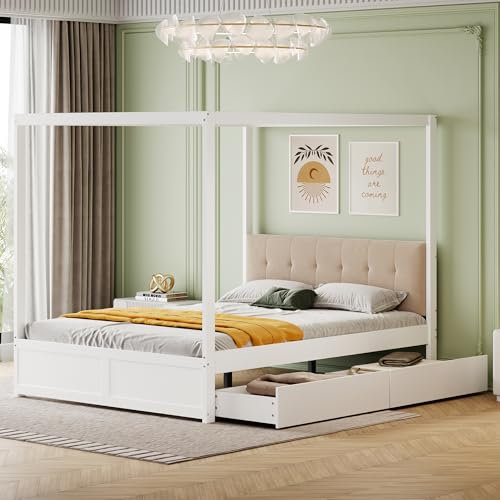 SUKY Himmelbett, 140 x 200 cm mit großen Schubladen und weicher Rückenlehne, Holz Bett (weiß)