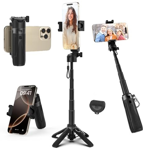 Takerers Portable Selfie Stick Tripod with Remote【Pocket Size】 4-in-1 Extendable Cell Phone Tripod【360° Rotation】 Mini Selfie Stick for iPhone Android Phone Holder for Video Recording Live Streaming