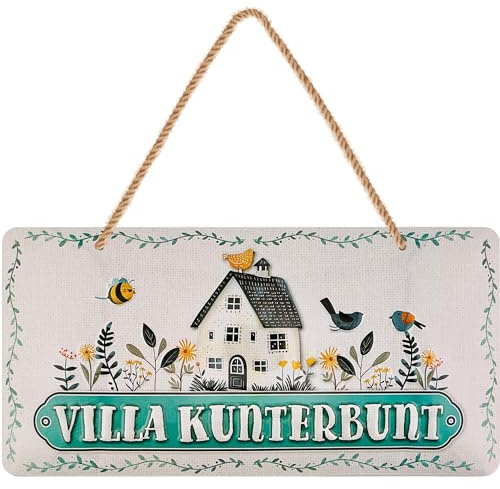 LANOLU Retro Blechschild Villa Kunterbunt, Schweden Deko, Zirkus Deko, Balkonien Schild, Einzug Geschenk Wohnung, Metallschilder mit Sprüchen inkl. Jutekordel 16x32cm