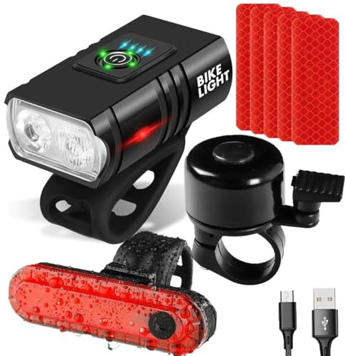 NAKOSITE BK02 - Luz de bicicleta delantera y trasera (1500 lúmenes, kit de seguridad completo), con timbre de bicicleta + 10 pegatinas reflectantes, iluminación USB recargable IPX5, 6+4 modos para