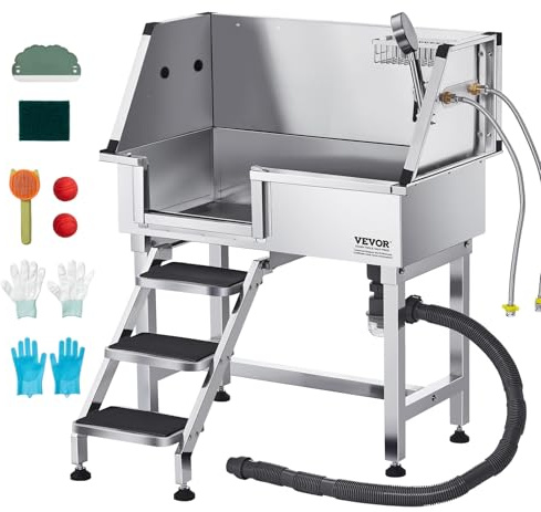 VEVOR Baignoire de Chien Acier Inoxydable, Baignoire de Toilettage pour Animaux de Compagnie 87 cm Station de Lavage Chat, avec Escalier à Gauche, Robinet, Pommeau de Douche, Porte-savon, Porte Gauche