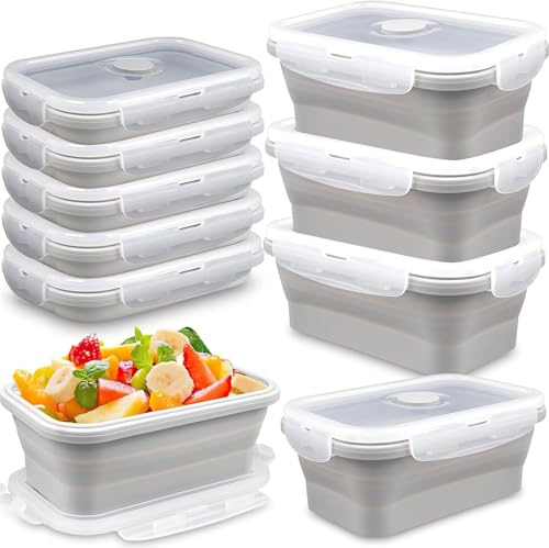 PQHIQ 8 Pack 550ml Silicone Collapsible Food Storage Containers Rectangle Meal Prep Container with Vent Lids Foldable Lunch Box for Camping Kitchen Microwave Dishwasher Freezer Safe (Gray)
