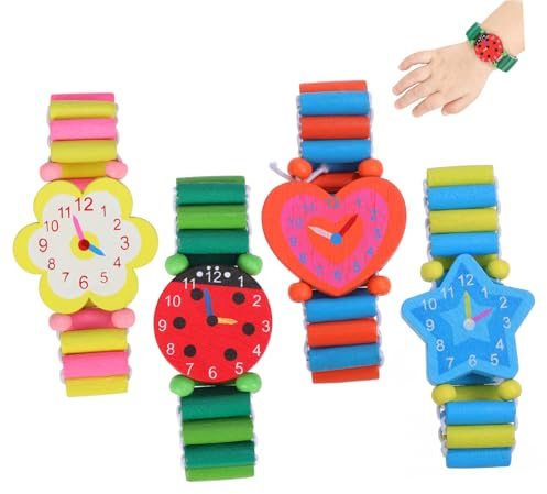 minkissy 4PièCes Montre Bois Pour Garçon Fille Jouet CréAtif Cartoon Avec Bracelet ÉLastique Motifs AléAtoires Bracelet De Montre