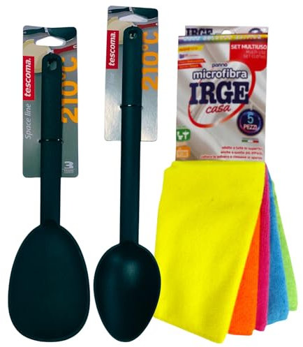 SET UTENSILI DA CUCINA SPACE LINE, Ideali Per Pentolami Antiaderenti: Cucchiaio Riso, Art.: 638007 + Cucchiaione, Art.: 638005 + Confezione Da 5 Panni In Microfibra Multiuso