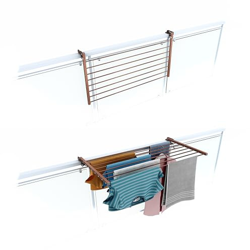 foxydry Duo, stendibiancheria da ringhiera e balcone, richiudibile, 102 cm | in alluminio e acciaio inox, ribaltabile, antiruggine, salvaspazio, per esterno e terrazza, sostiene 15 kg, marrone