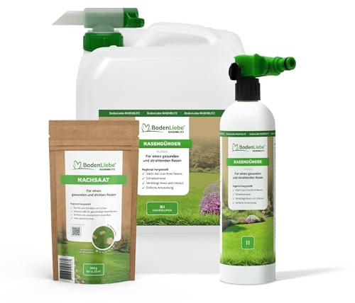 BodenLiebe Rasenblitz 10 l flüssiger Rasendünger inkl. Sprühflasche und 500g NACHSAAT - Für 500 m² Garten - Schnelles Grün statt Gelb - Familienfreundlich & tierverträglich - Made in Germany