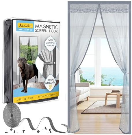 Magnetic Screen Door,Heavy Duty Mesh Curtain Fit Door Size 38 x 82 Inch,Pet and Kid Friendly Self Sealing Fly Screen Door with Stay Open Buckles,Keeps Bugs Out Let Breeze in (2pcs, White)