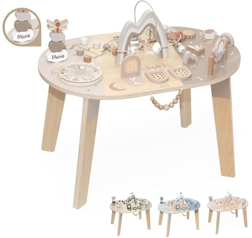 Spieltisch ab 1 Jahr aus Holz personalisiert – 2in1 Motorikspielzeug & Motorikwürfel – Montessori Lernspielzeug Baby – Steckspiel & Aktivitätstisch – Holzspielzeug ab 12 Monate Junge & Mädchen Nougat