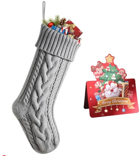 meioro Weihnachtsstrumpf, 46cm Große Kabel Gestrickte Nikolausstrumpf, Weihnachtsdekorationen für Familie Party Kamin Weihnachtsmann Dekoration Nikolaussocke, Hängende Weihnachtsstrümpfe (Grau)