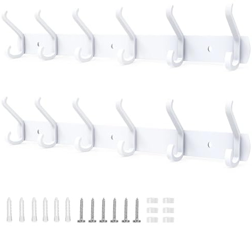 Galerie SV Kleiderhaken Wand mit 6 Haken 2 Stück Garderobenhaken 54CM Weiss | Kleiderhaken Metall, Hakenleiste Garderobe für Schlafzimmer Bad Küche Garderobe Garderobenleiste Wandgarderobe