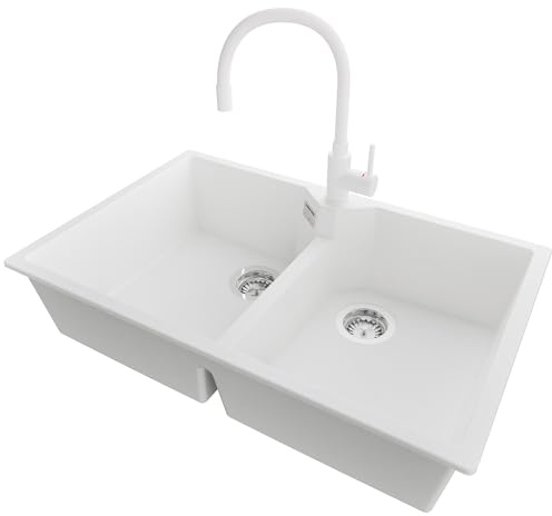 PRIMAGRAN Fregadero Granito al Mueble 80cm + Grifo, 78x50cm | Set: Grifo BW6020 + Kit de desagüe (sifón, válvula, rebosadero) + Madrid Twin 2 Senos para Cocina, Blanco
