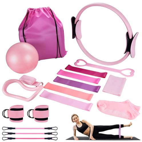 Jellybibo Set di 18 anelli da pilates, con anello da pilates, palla da yoga, fascia da fitness, anello di tensione, massaggiatore, adatto per attrezzature da palestra domestica