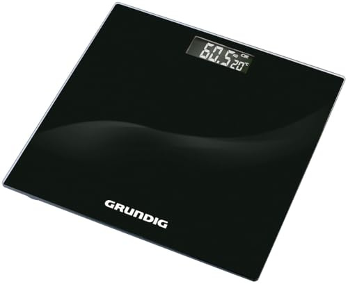 Grundig Personenwaage Digital - Waage Personen bis 180KG - Körperwaage mit LCD Display und Temperaturanzeige - Einheiten Kg und Lb - Automatische Abschaltung - Glasplatte - Schwarz