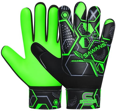 SAWANS Football Soccer Goalkeeper Gloves For Boys Durable Comfortable kids Children Youth Goalie Gloves Wrist Support Strong Grip Padded Palm (Black/Green, Size 6 suitable for 11 to 14 Years old)