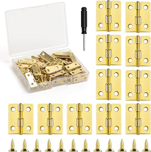 GZRXIOUS 50 Piezas Mini Bisagras, 15 X 18 mm Bisagras Pequeñas, para Joyero Caja de Madera DIY Gabinete Artesanía, con 200 Tornillos Y 1 Destornillador, Dorado
