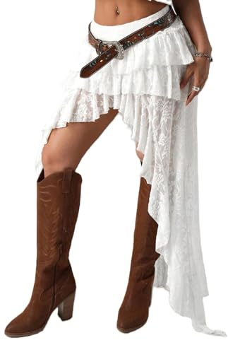 yssgtt Gonna da donna in pizzo con volant Y2K Vintage Cowgirl orlo irregolare sexy minigonna floreale per le donne, bianco, M
