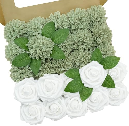 Artificial Flowers, 25pcs Sage Green and White Rose and Dahlia for DIY | Real Touch Foam Fake Flowers with Stem for DIY Bouquets Centerpieces Arrangements Bridal Shower Party Home Decorations